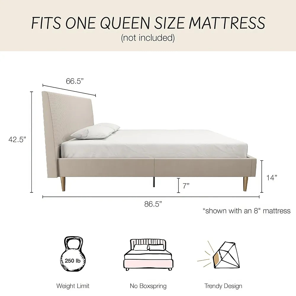 Ivory Velvet Queen Bed with Platform & Upholstered Headboard