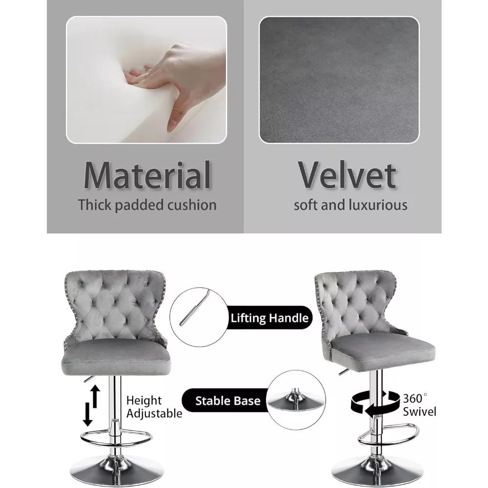 Set of 2 Adjustable Velvet Swivel Bar Stools with Nailhead Trim and Silver Footrest - DSARD