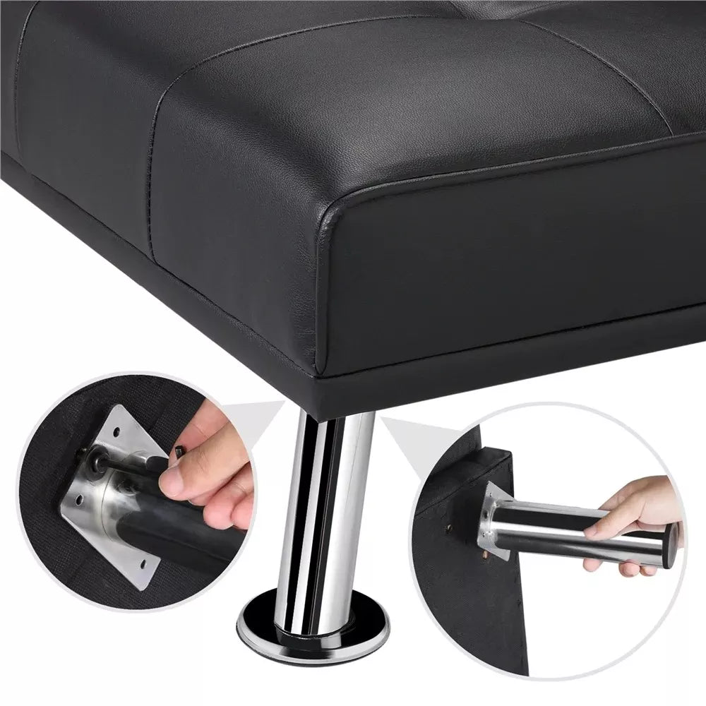 Modern Faux Leather Futon Sofa Bed with Cupholders and Pillows - DSARD
