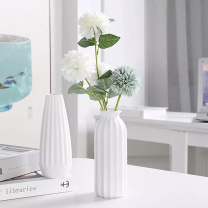 White Ceramic Stripe Textured Flower Vase