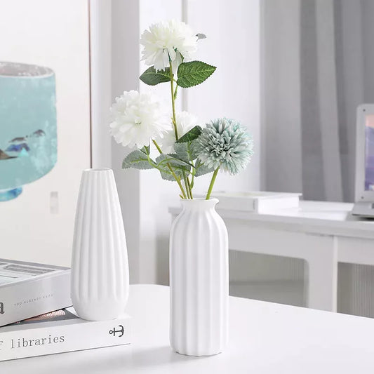 White Ceramic Stripe Textured Flower Vase