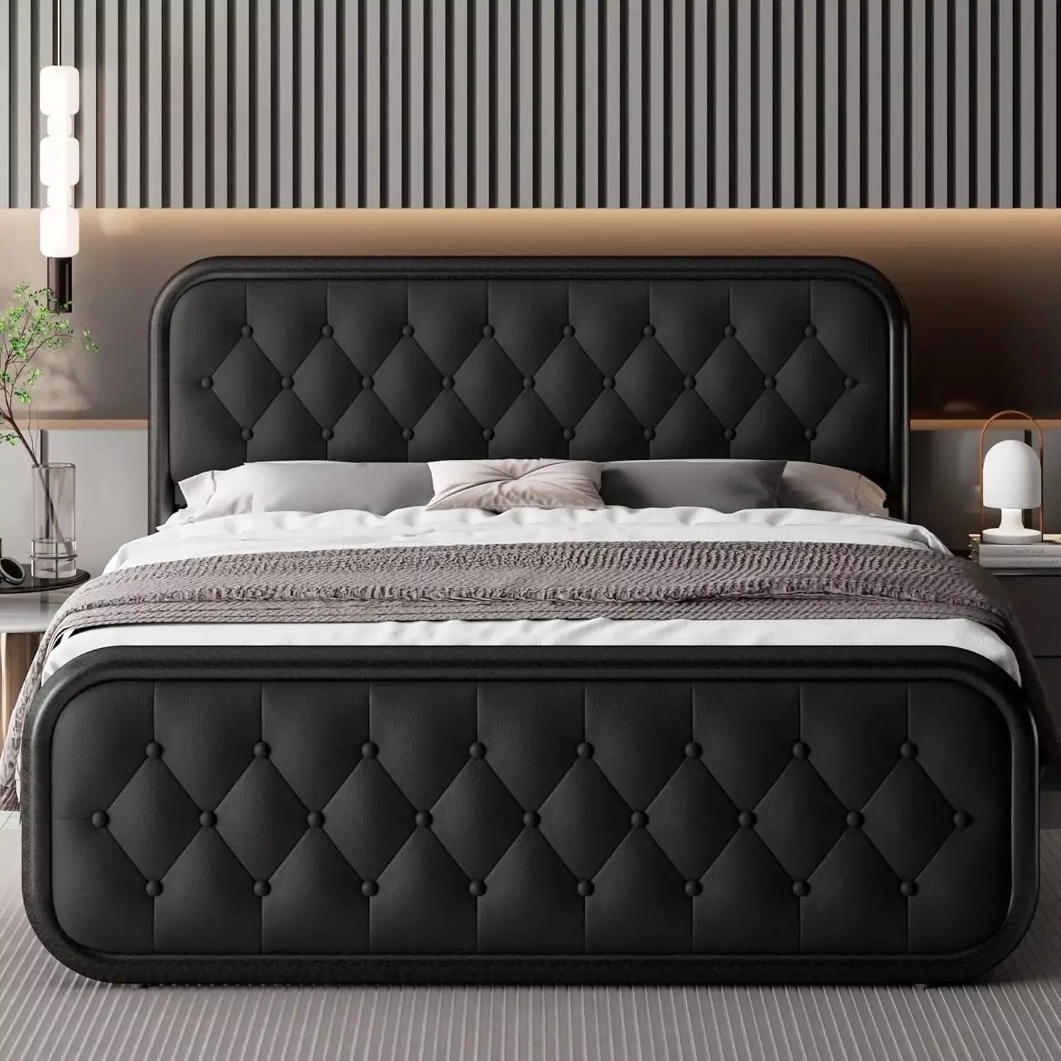 Queen Upholstered Bed Frame with Faux Leather Headboard