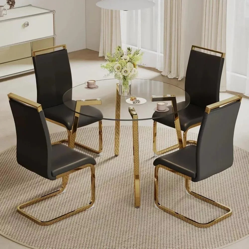42” Round Glass Dining Table Set for 4 with Black PU Leather Chairs - DSARD - DSARD