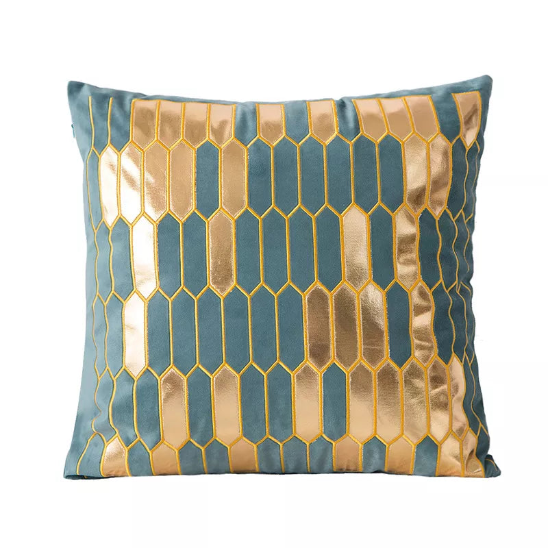Gold Embroidered Velvet Geometric Cushion Cover 18x18in