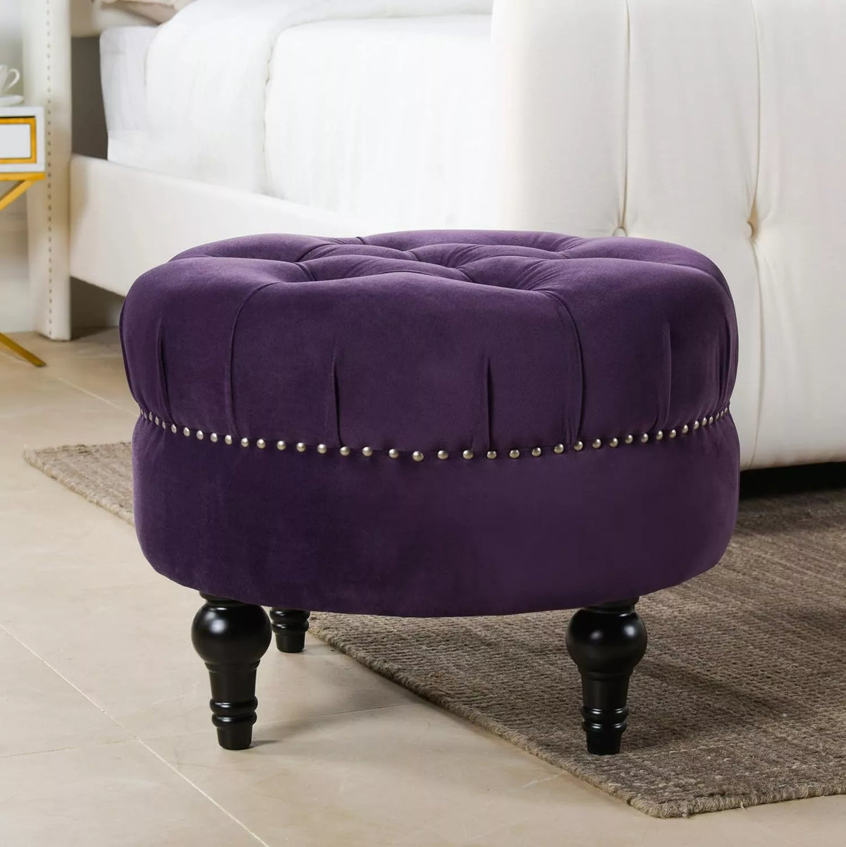 Lux Tufted Round Ottoman with Nailhead Trim, Purple Velvet, 25-Inch - DSARD