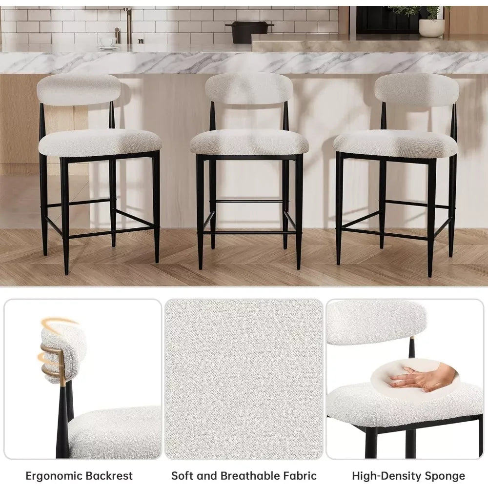 Counter Height Bar Stools Set of 4, 26″ Boucle Barstools with Backrest and Metal Legs - DSARD - DSARD