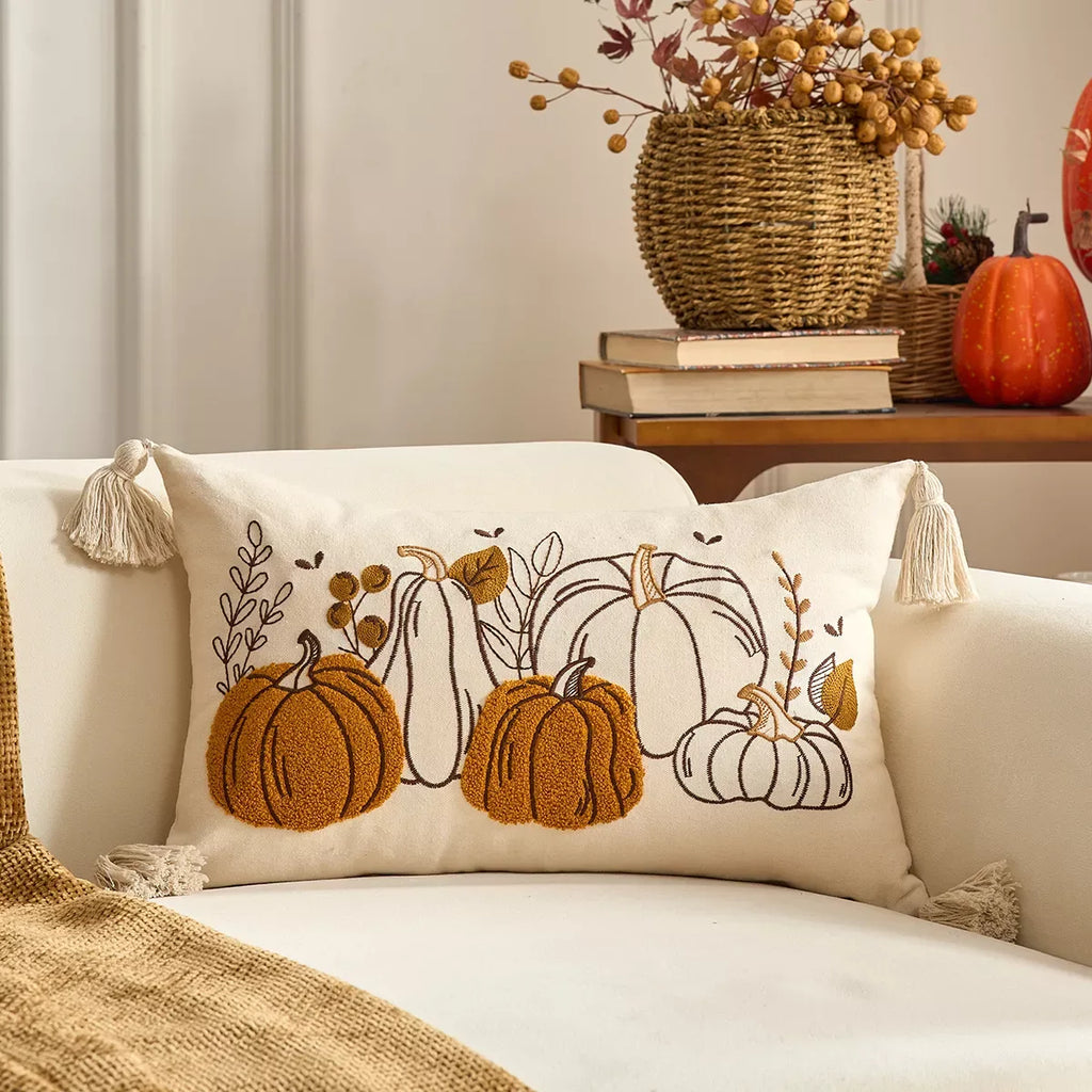 Autumn Pumpkin Embroidered Cushion Covers with Ruffles – Fall Decor - DSARD
