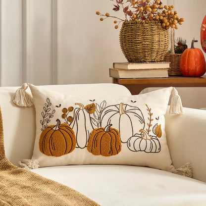 Autumn Pumpkin Embroidered Cushion Covers with Ruffles – Fall Decor