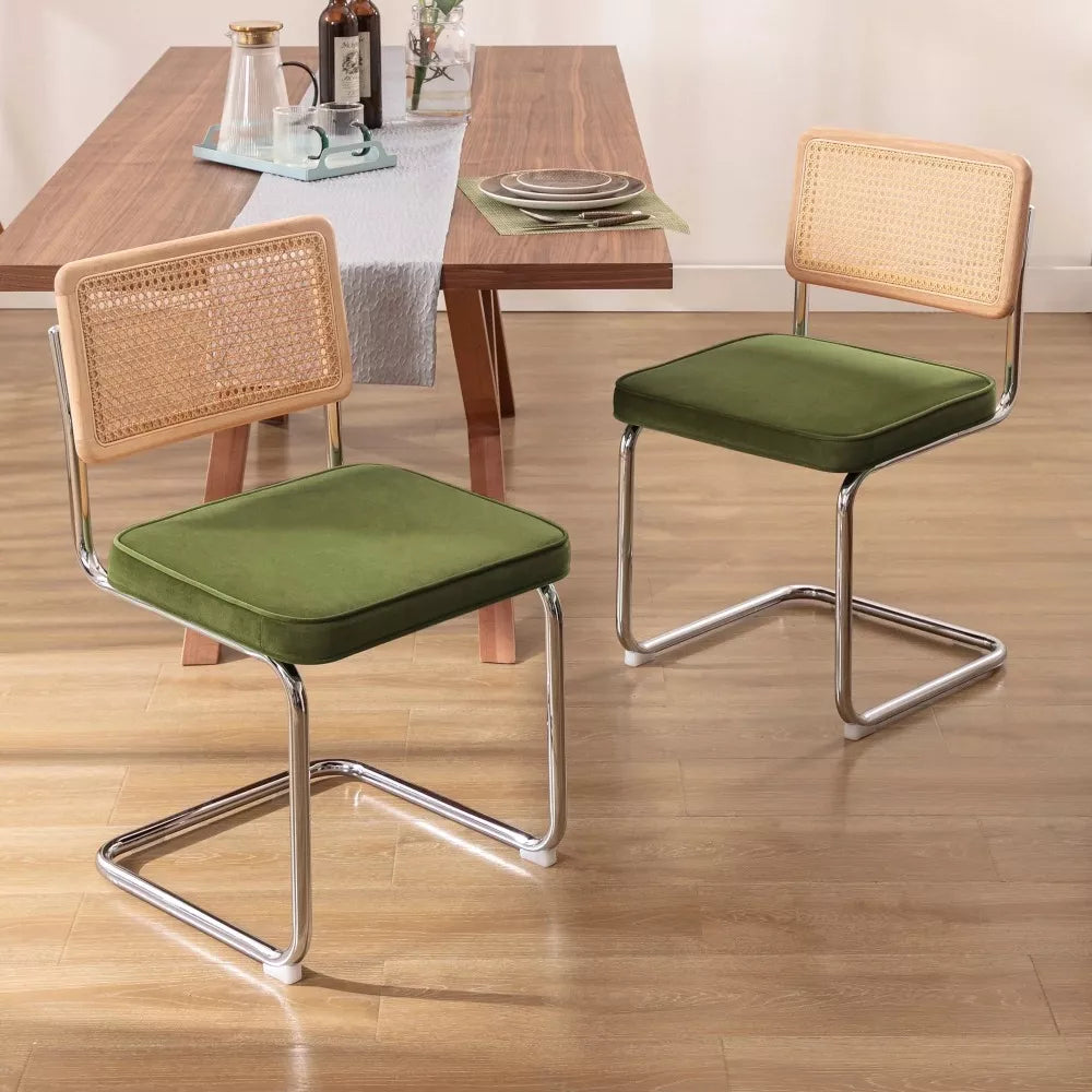 Modern Rattan & Velvet Dining Chairs Set of 2 – Cane Back with Chrome Legs - DSARD