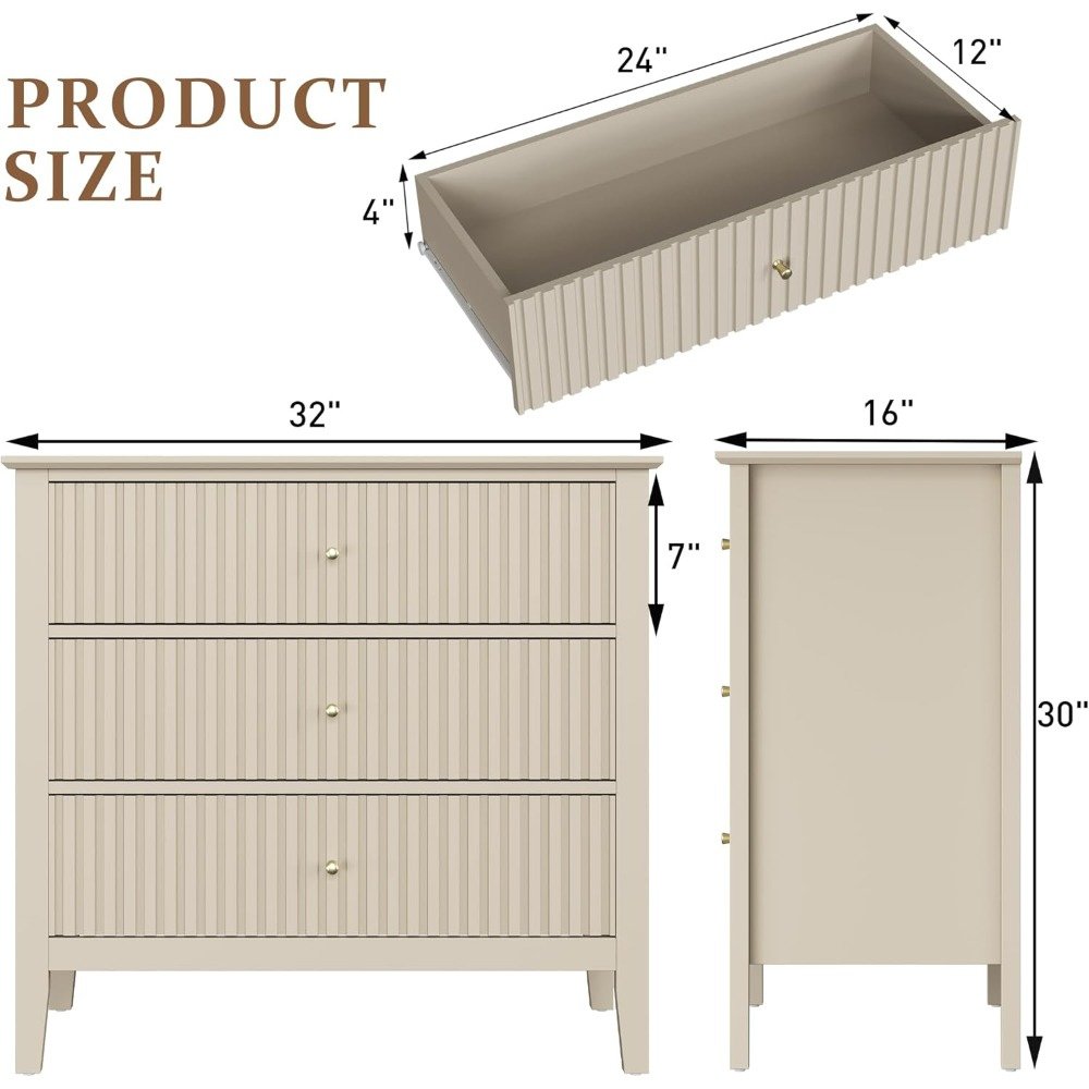 Set of 2 Modern 3-Drawer Premium Nightstands, 30-Inch Tall Fluted Chests with Storage