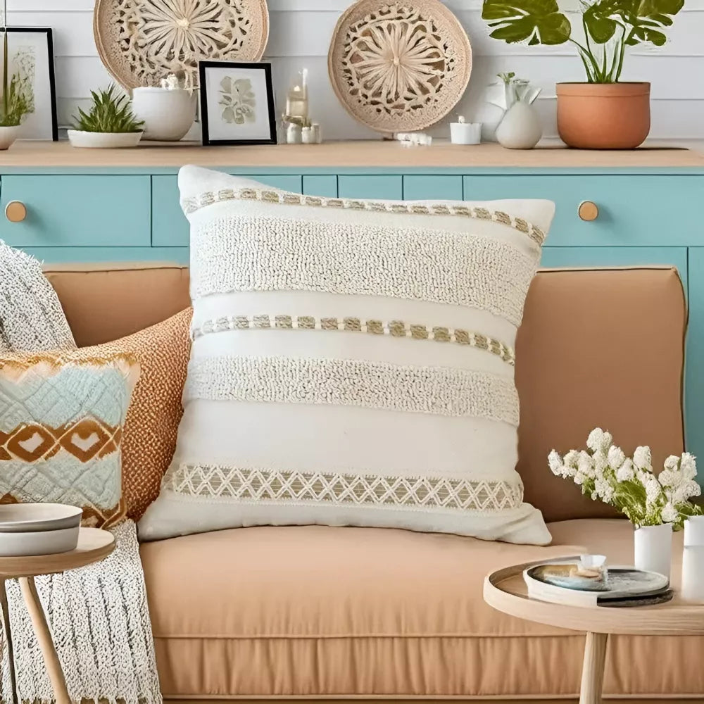 Bohemian Woven Circle Pillow Cover 18×18 Inch Cotton Linen Embroidered Cushion