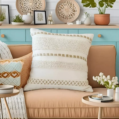 Bohemian Woven Circle Pillow Cover 18×18 Inch Cotton Linen Embroidered Cushion