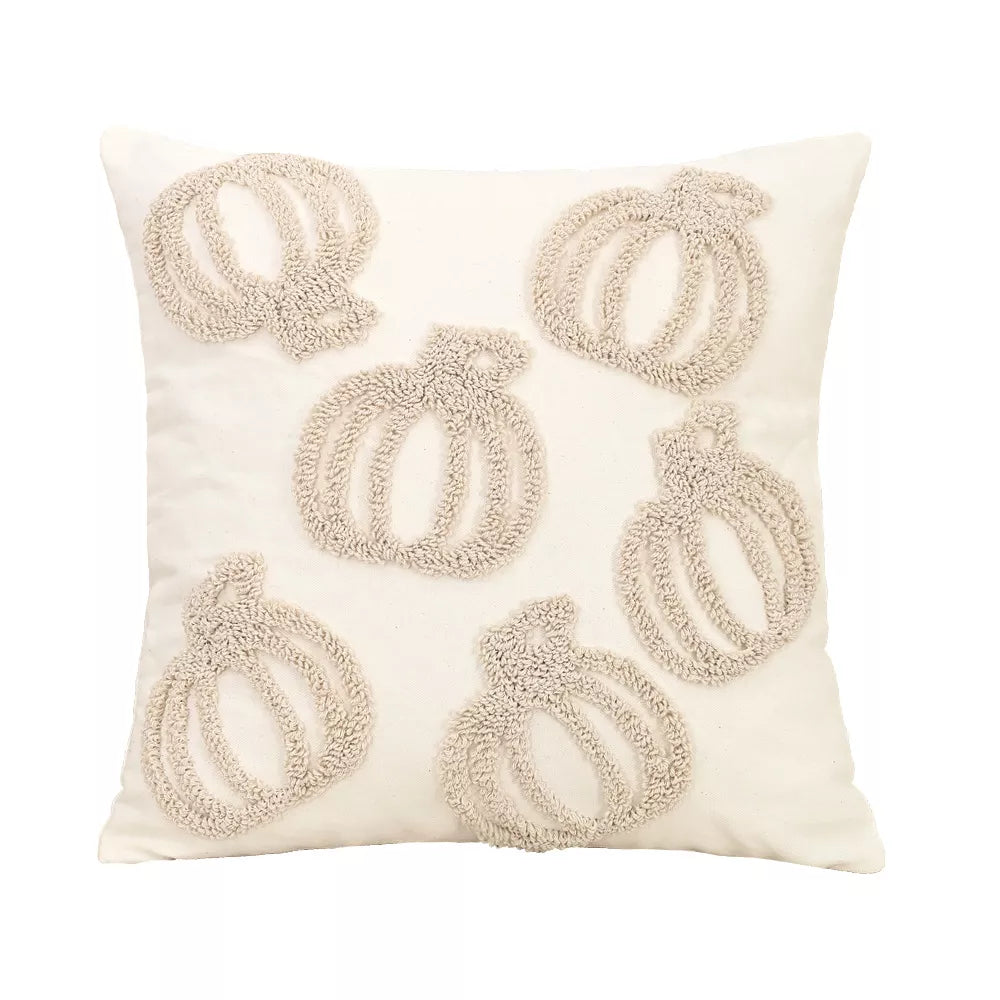 Plush Tufted Pumpkin Embroidered Cotton Pillow Cover 18×18″ – Halloween Decor