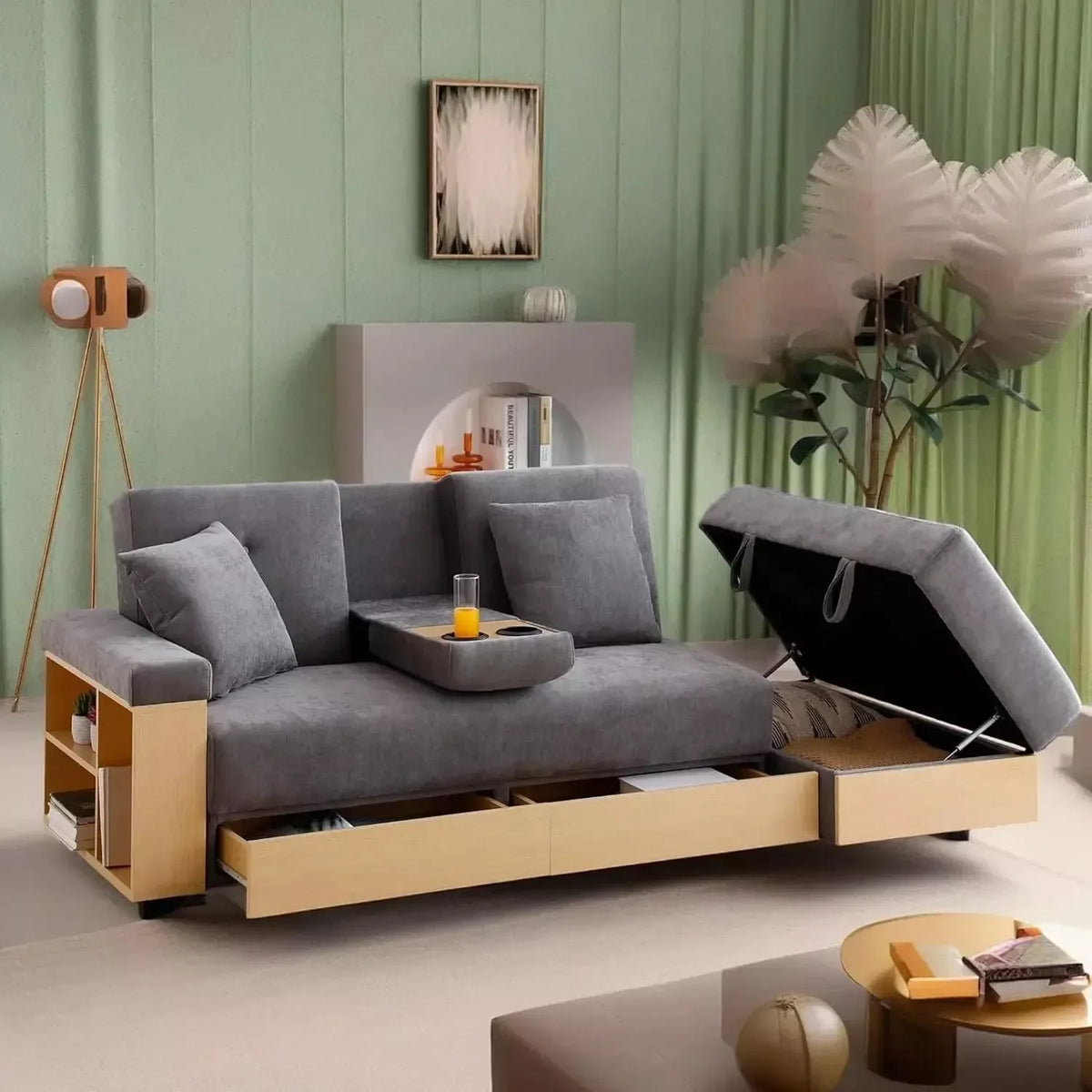 84.65″ Convertible Sofa Bed with Storage Ottoman & Adjustable Armrest - DSARD - DSARD