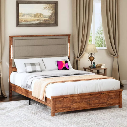 Queen Bed Frame with Tall Linen Headboard, LED Light & Charging Station - DSARD