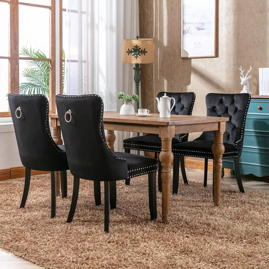 Set of 4 Black Velvet Upholstered Dining Chairs with Ring Pull and Wood Legs - DSARD