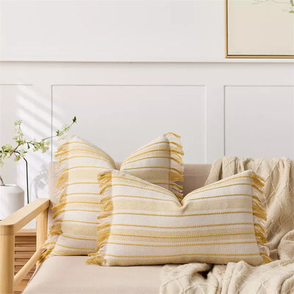 Striped Jacquard Tassel Pillow Cover – Cozy Cotton Blend Cushion for Home Décor