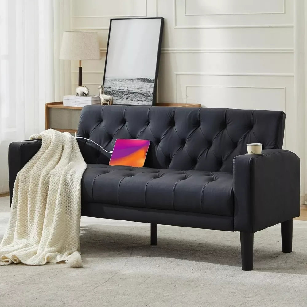 62″ Faux Leather Loveseat with USB Ports, Cupholders – Mid-Century Modern Sofa - DSARD - DSARD