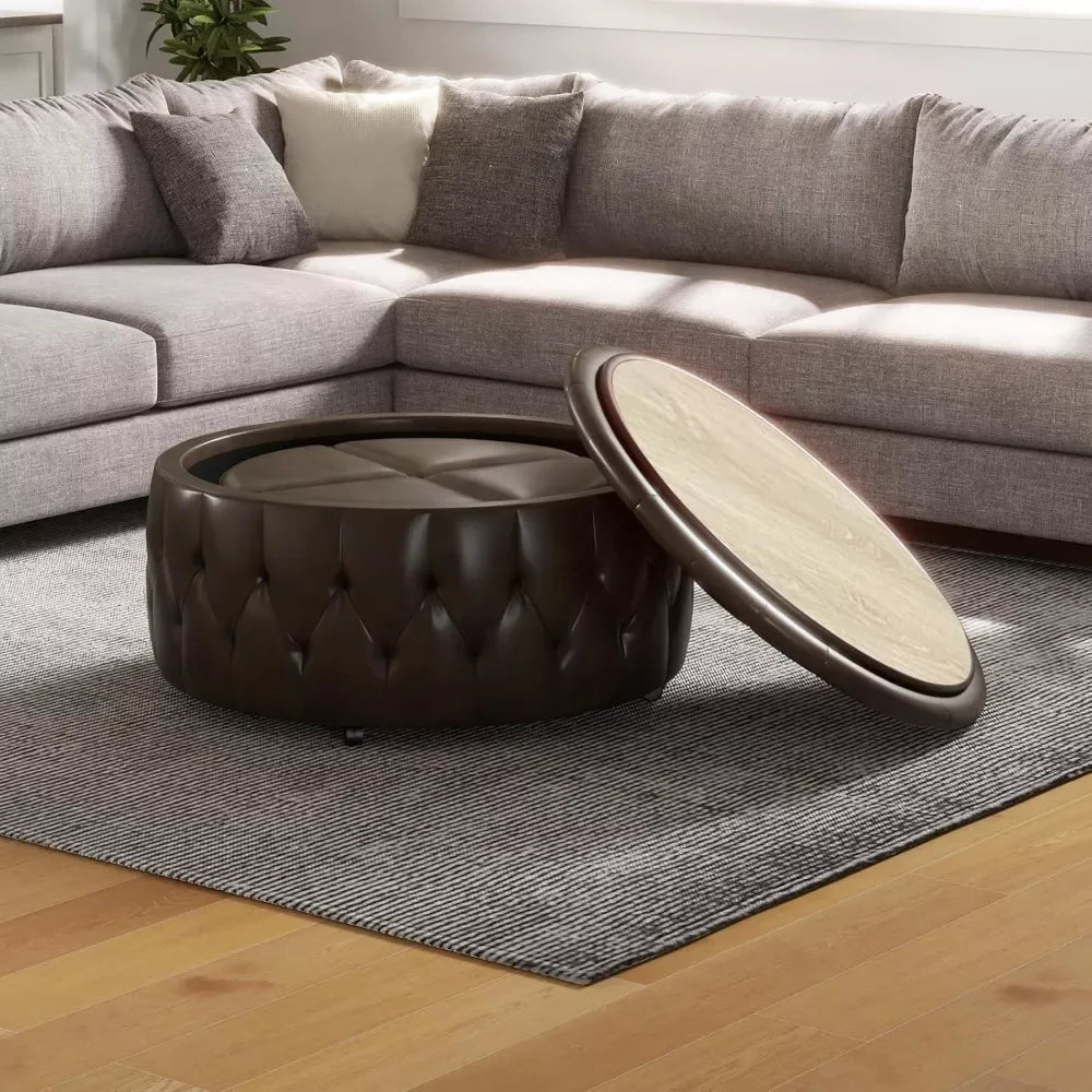 36″ Round Storage Ottoman with Wheels, Hidden Stools & Coffee Table Top - DSARD - DSARD