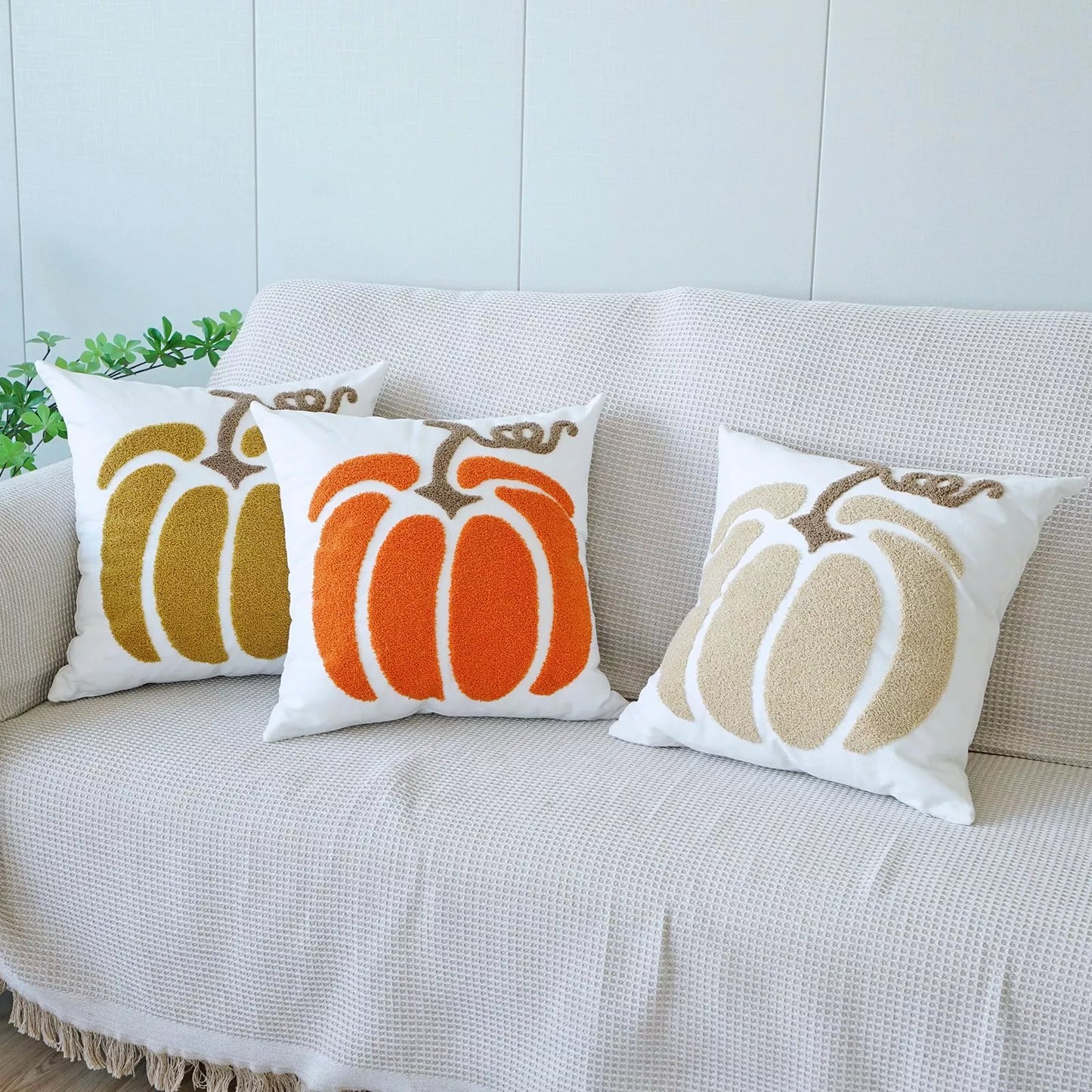 Embroidered Pumpkin Cotton Pillow Cover – 18x18in Autumn Cushion Case