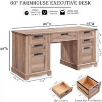 60″ Farmhouse Executive Desk with Drawers, Wood Office Desk with Charging Station - DSARD - DSARD