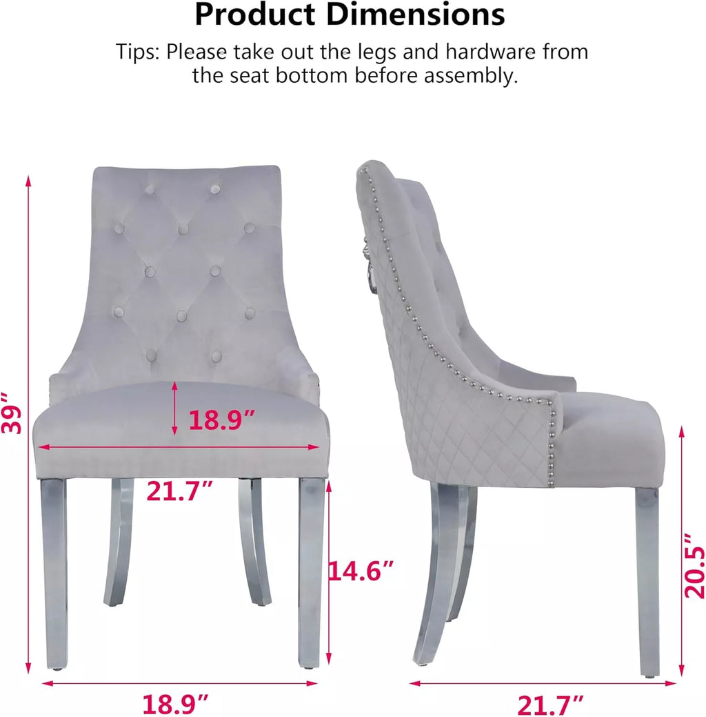 Velvet Wingback Dining Chairs Set of 2 – Tufted with Chrome Legs & Pull Ring - DSARD