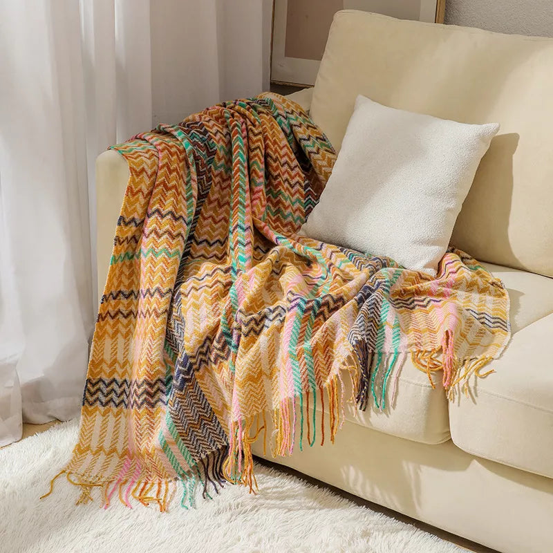 Ethnic Woven Sofa Throw Blanket with Tassel Design