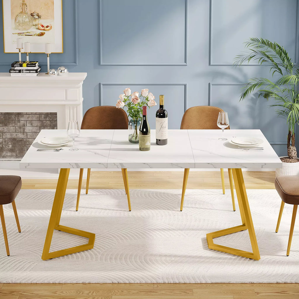 Modern White Faux Marble Dining Table with Gold Legs - DSARD