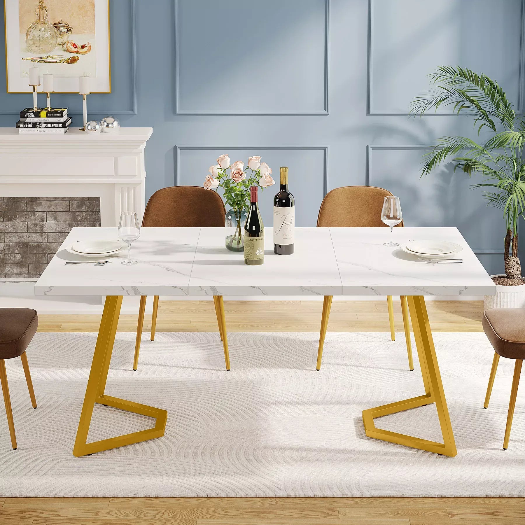 Modern White Faux Marble Dining Table with Gold Legs - DSARD