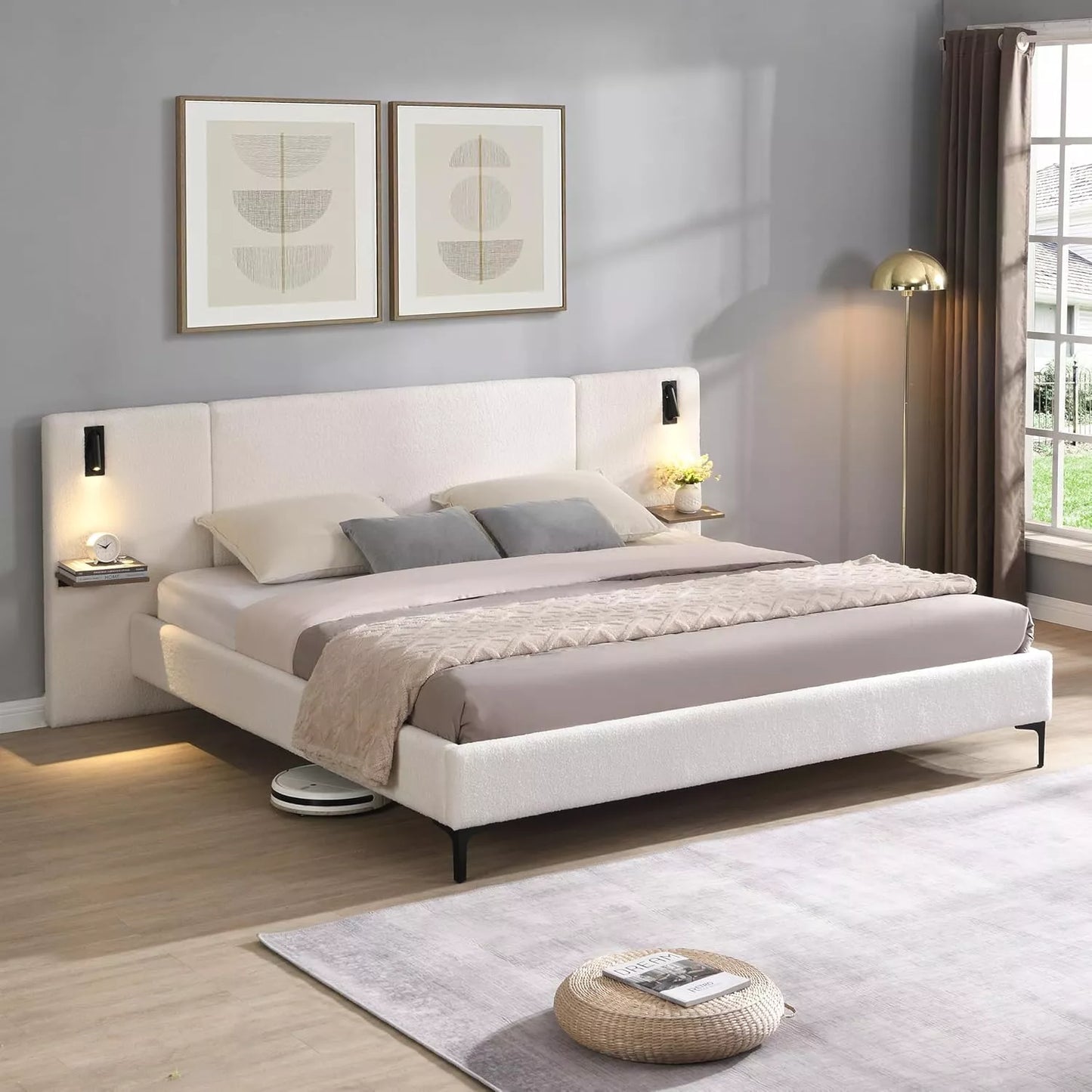 Modern Upholstered Bed Frame with Boucle Headboard, Storage & LED Lights - DSARD