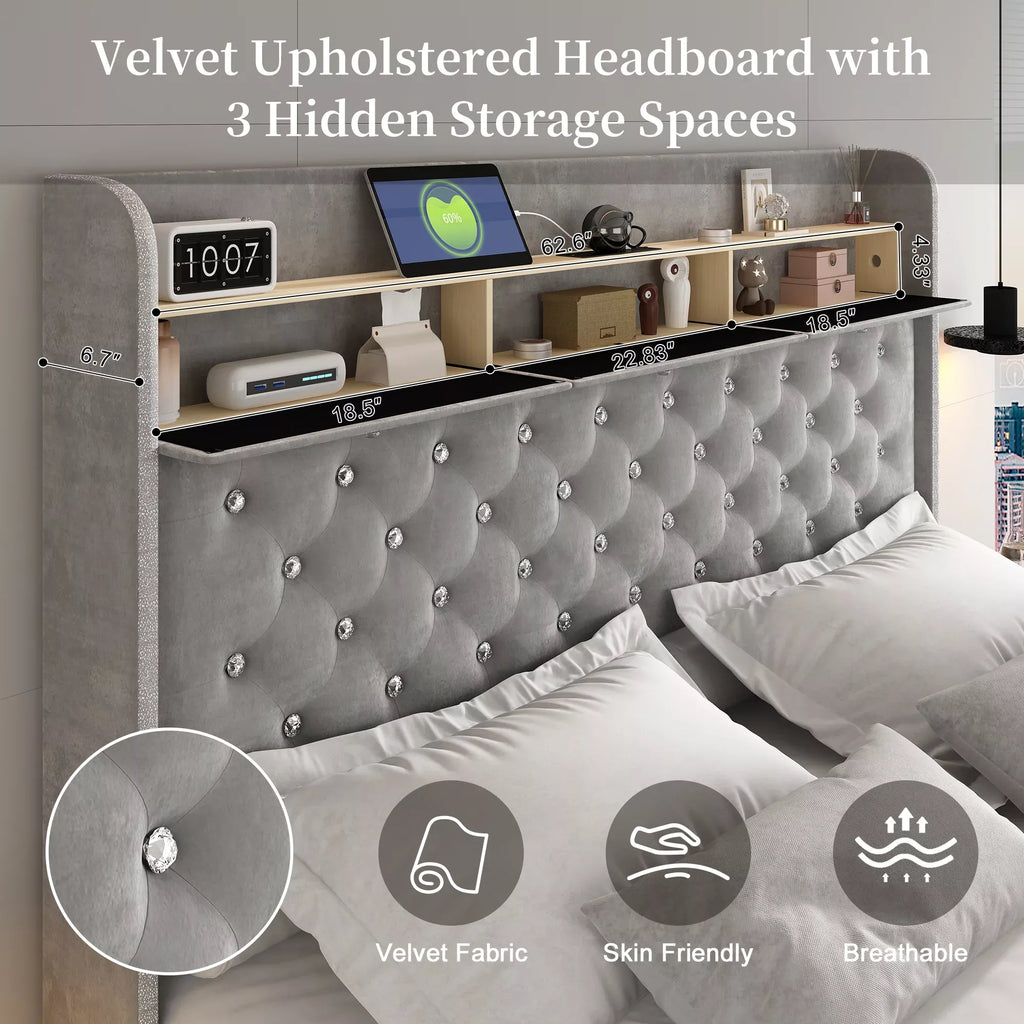 Queen LED Bed with Star Projector, Charging Station & Storage Headboard
