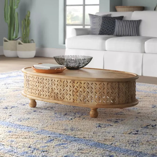 Boho Chic Oval Hand Carved Wood Coffee Table - DSARD