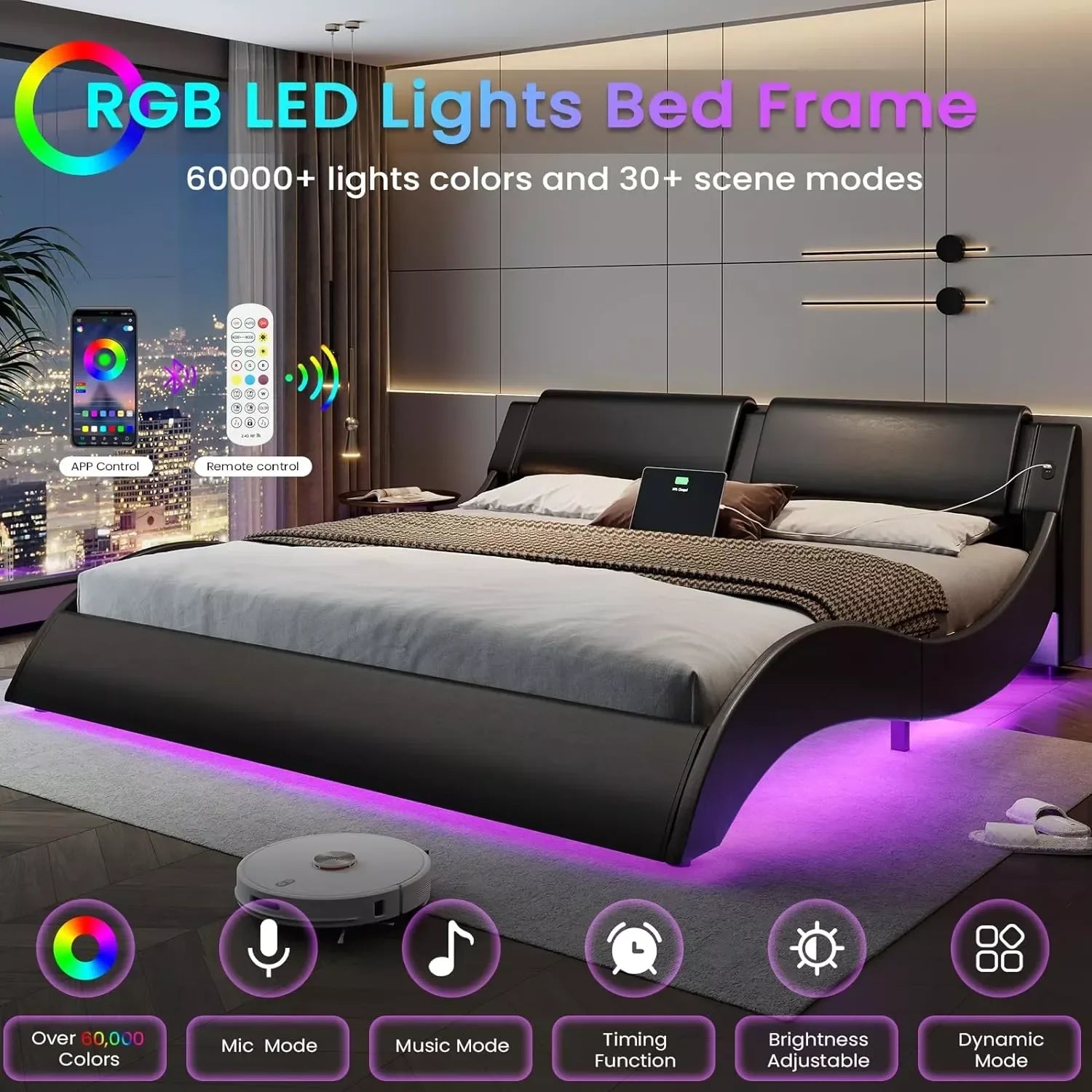 California King Platform Bed Frame with LED Lights & USB Ports - DSARD - DSARD
