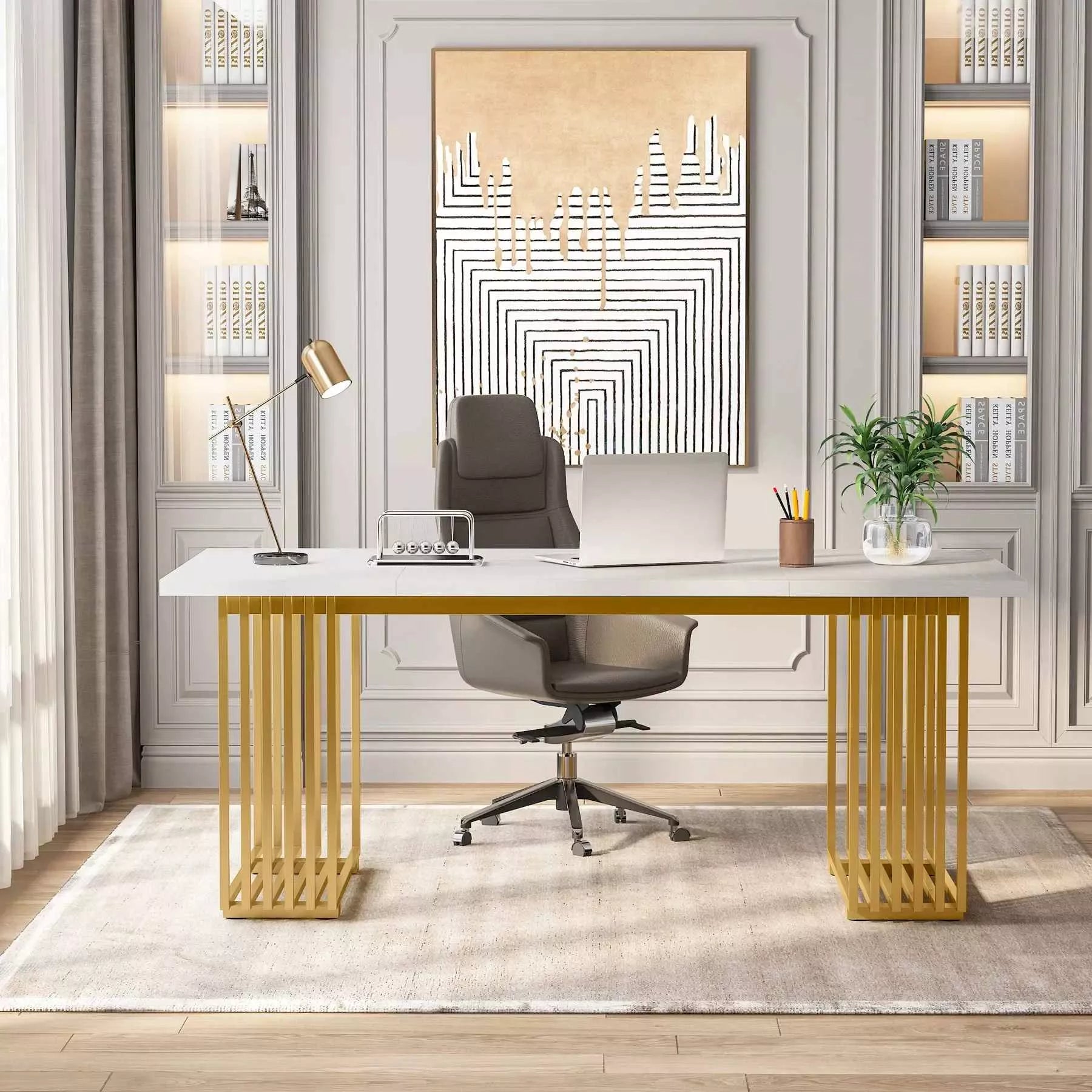 Modern 70″ Office Desk with Gold Metal Legs - DSARD