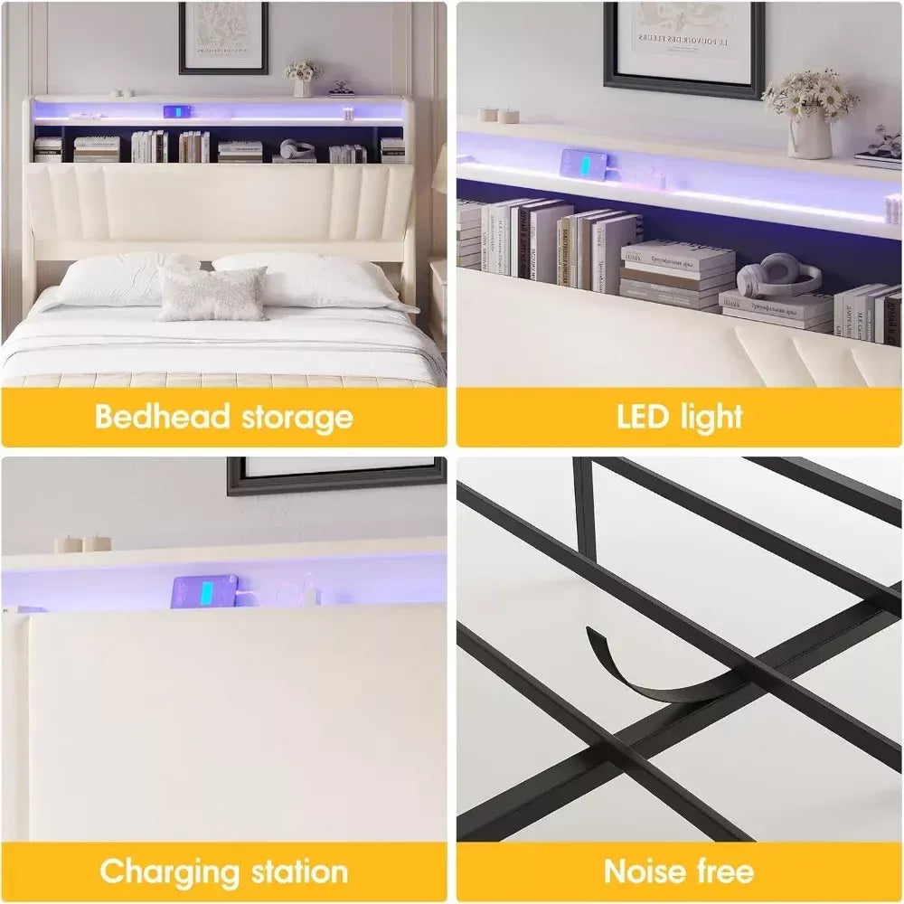 Queen Bed Frame with Storage Headboard, LED Lights & Charging Station - DSARD