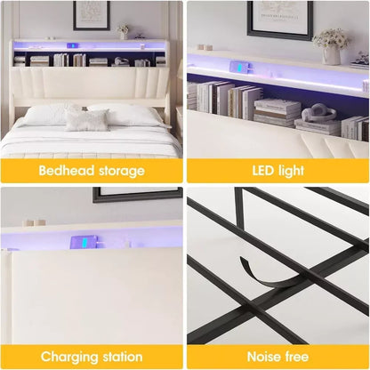 Queen Bed Frame with Storage Headboard, LED Lights & Charging Station - DSARD