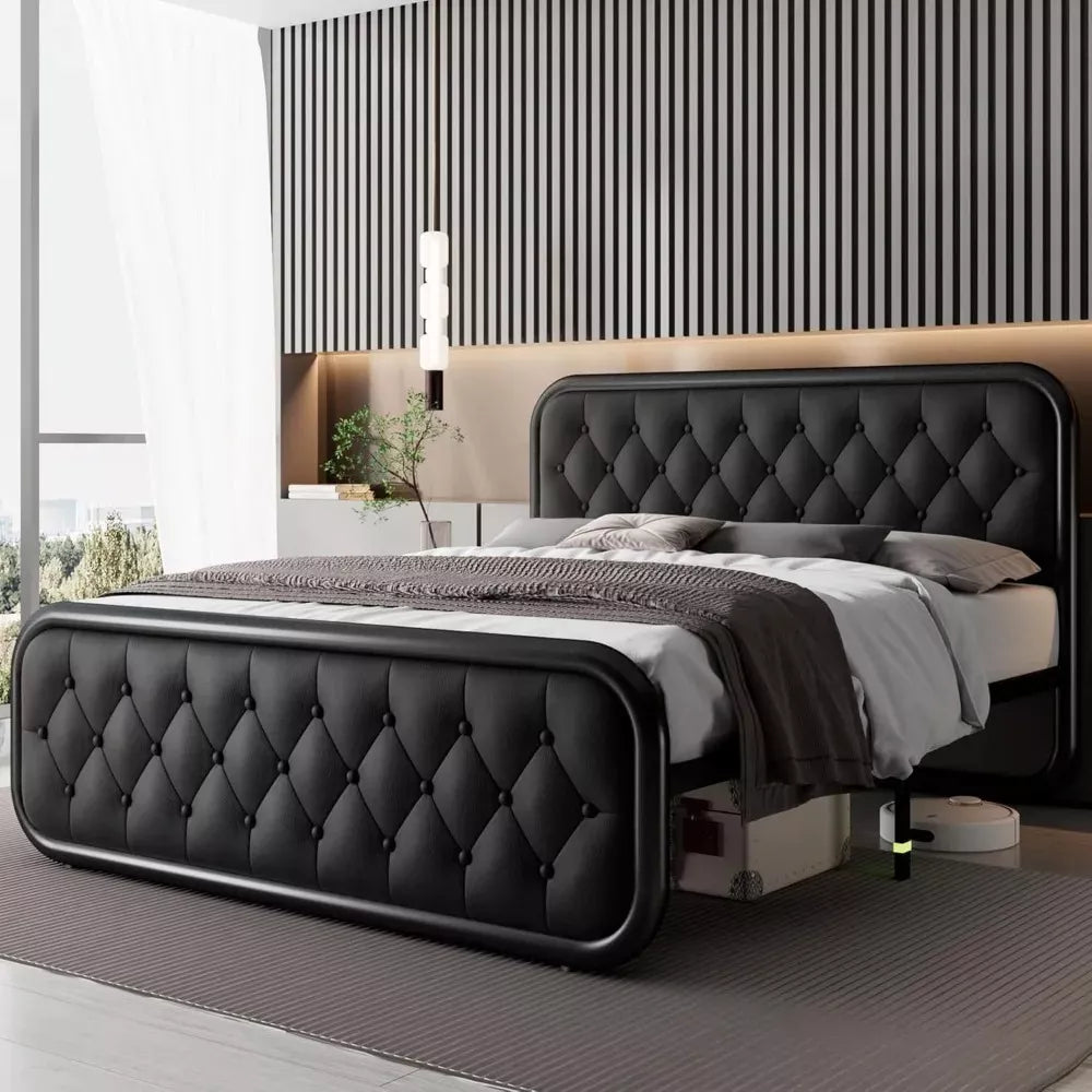 Queen Upholstered Bed Frame with Faux Leather Headboard