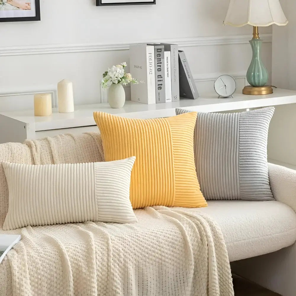 Set of 2 Corduroy Patchwork Throw Pillow Covers with Invisible Zipper