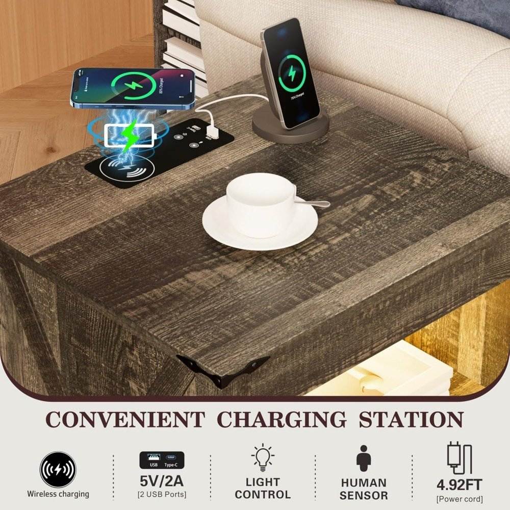 Set of 2 LED Premium Nightstands with Wireless Charging, Sensor Light & Hidden Drawer