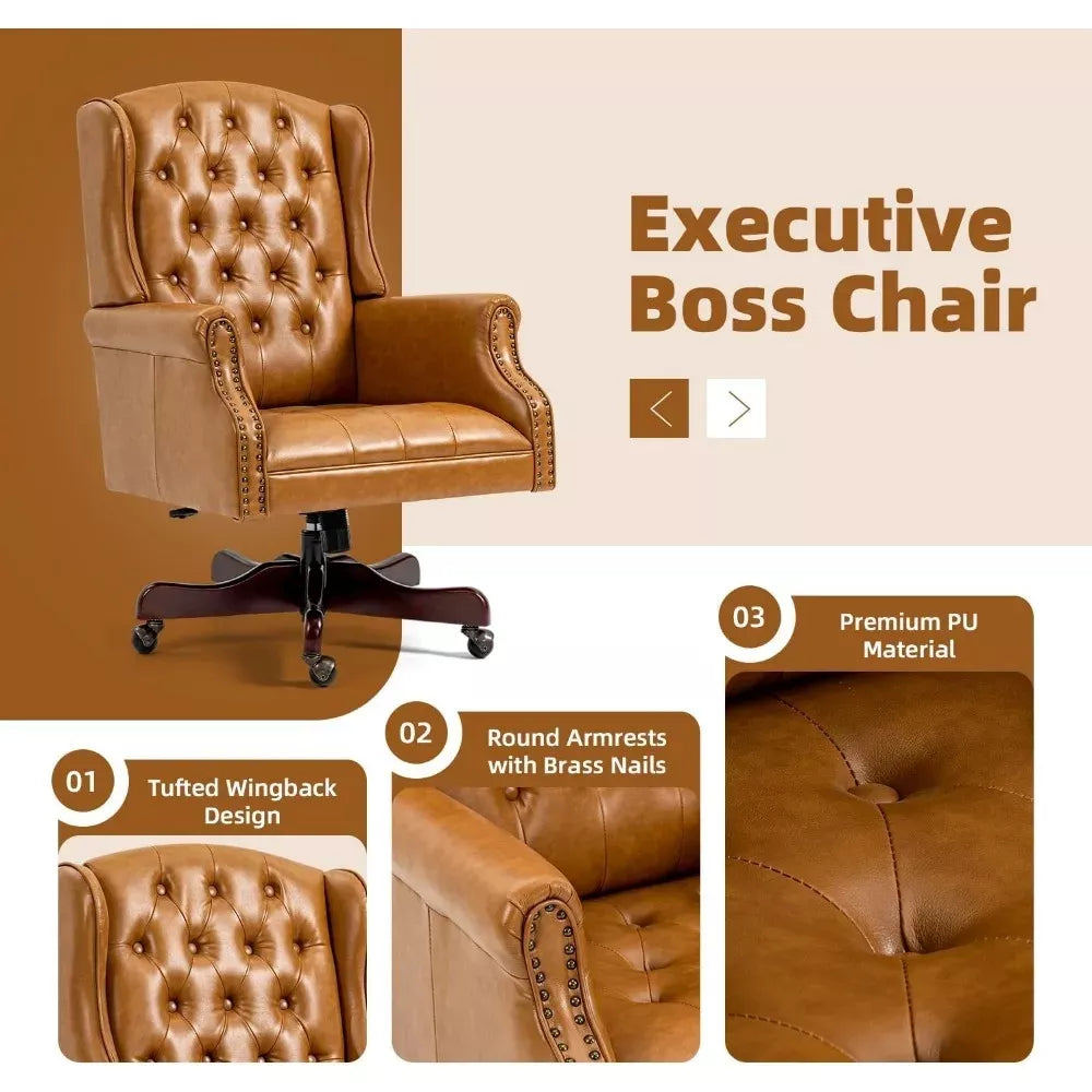 Tufted Faux Leather Executive Office Chair with High Back & Nailhead Trim - DSARD