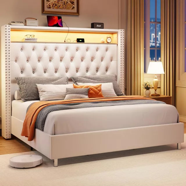 Queen Bed Frame with LED, USB Charging & Storage Headboard – No Box Spring