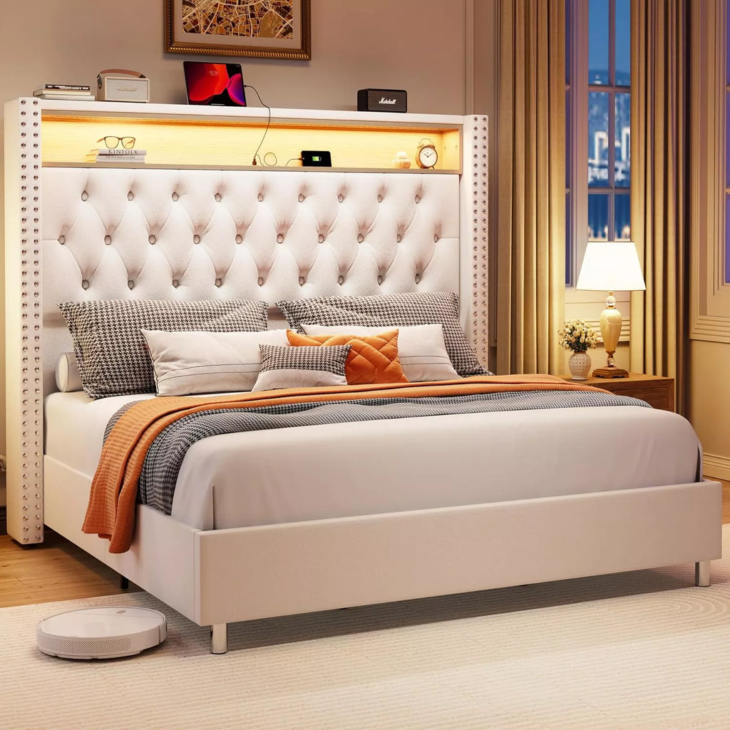 Queen Bed Frame with LED, USB Charging & Storage Headboard – No Box Spring
