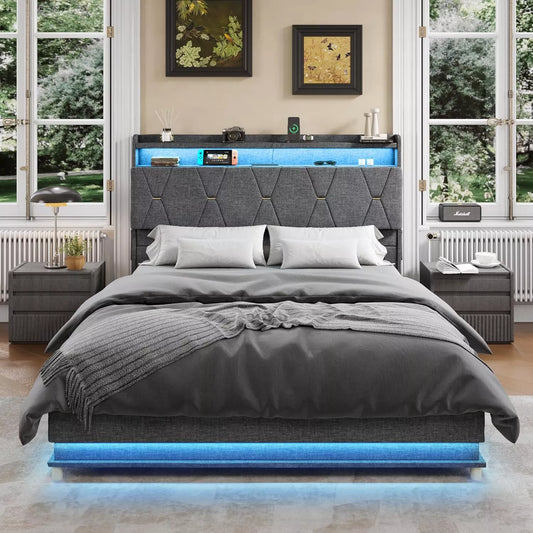 Full Size Upholstered Bed Frame with Lift-Up Storage, Charging Ports & LED Lights - DSARD