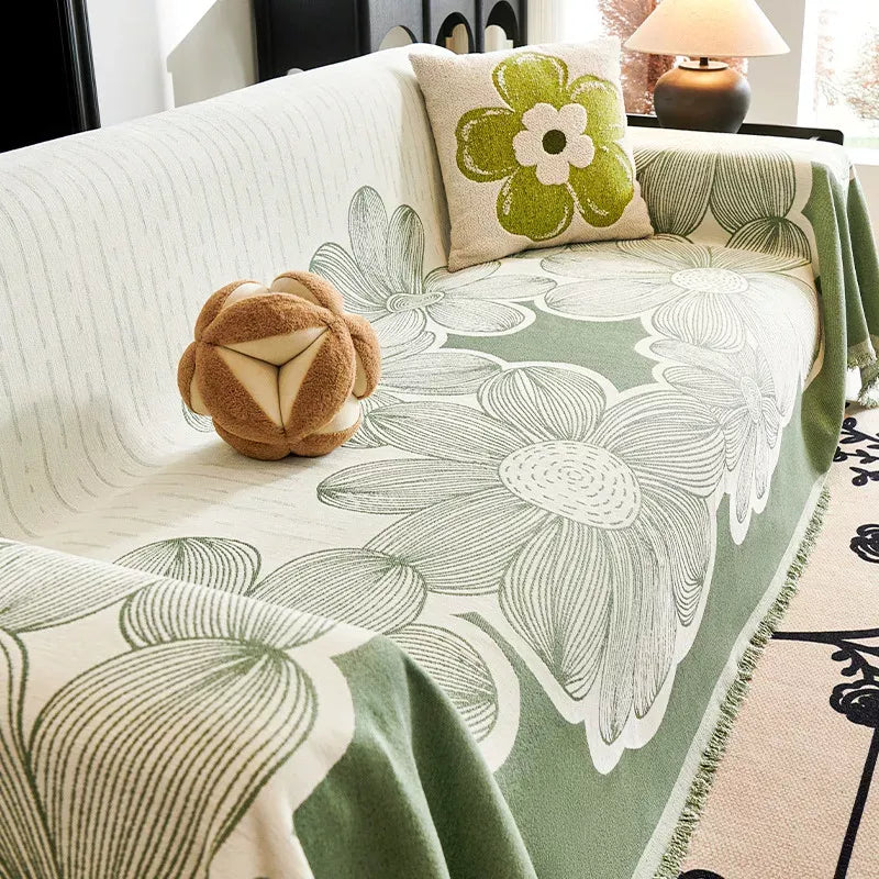 Four Seasons Chenille Sofa Blanket – Nordic Floral Non-Slip Throw