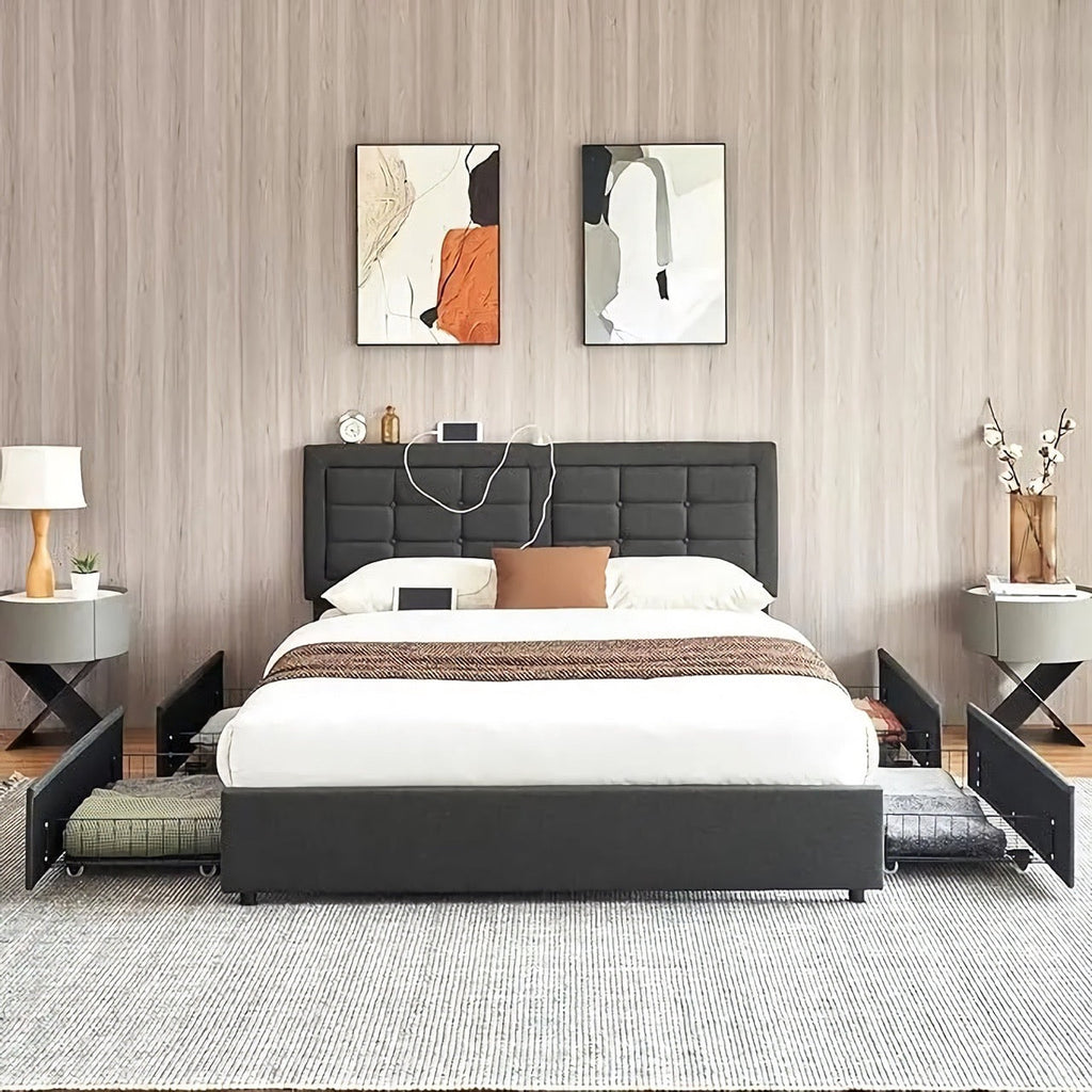 Queen Size Bed Frame with Rollers – Easy-Move Modern Platform