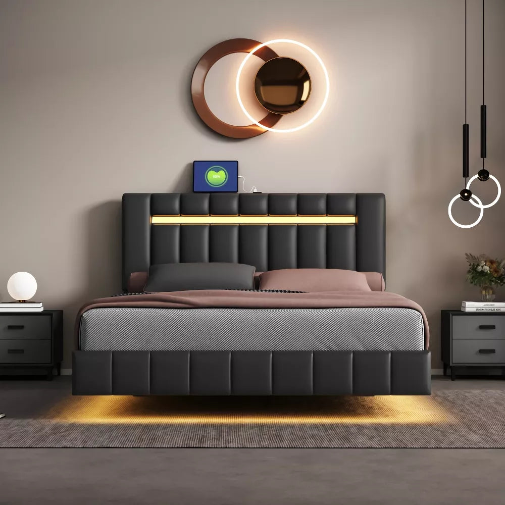 Queen Size LED Upholstered Platform Bed Frame with USB Charging - DSARD