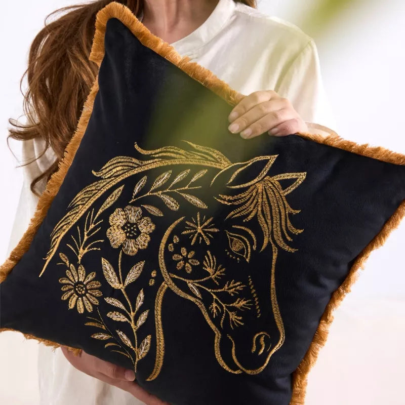 Gold Black Horse Embroidery Cushion Cover – Luxury Square Decorative Pillow for Sofa & Chair
