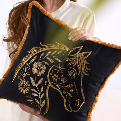 Gold Black Horse Embroidery Cushion Cover – Luxury Square Decorative Pillow for Sofa & Chair
