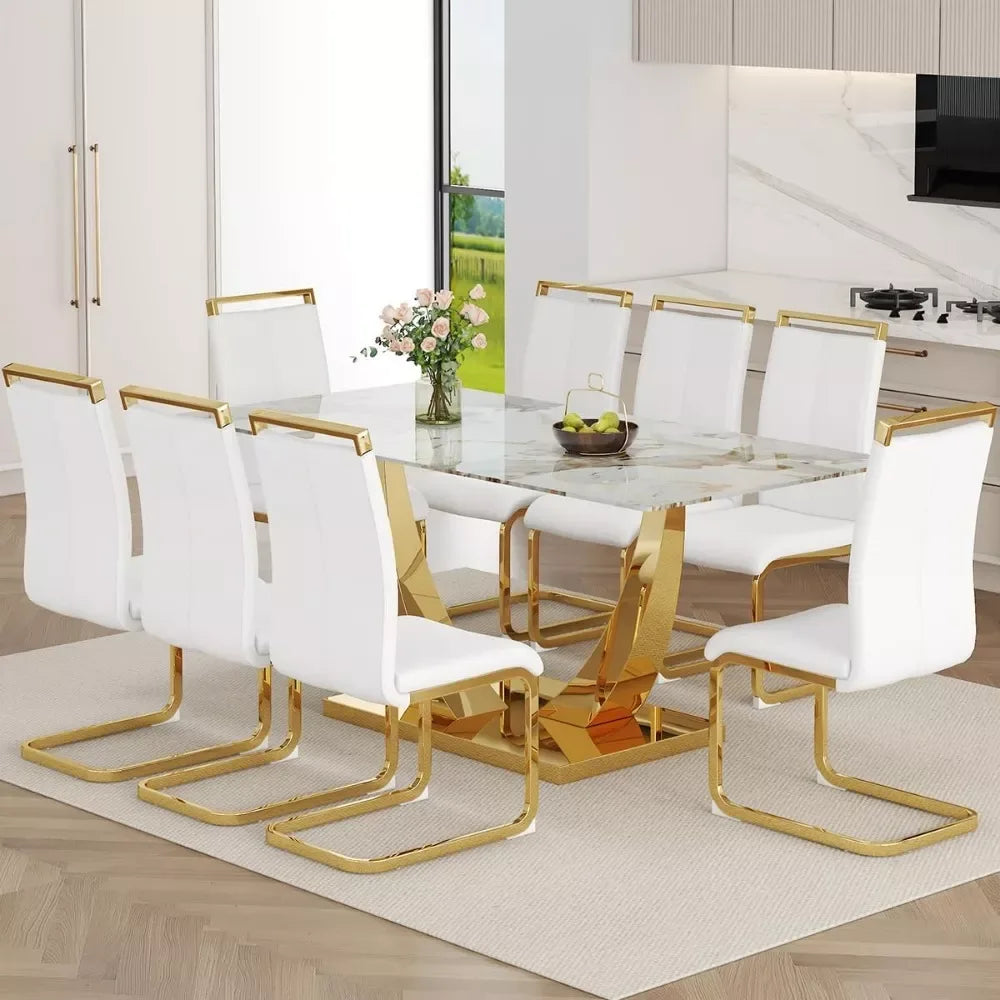 71″ Dining Table Set for 8, Gold Kitchen Table with 8 PU Leather Chairs - DSARD - DSARD