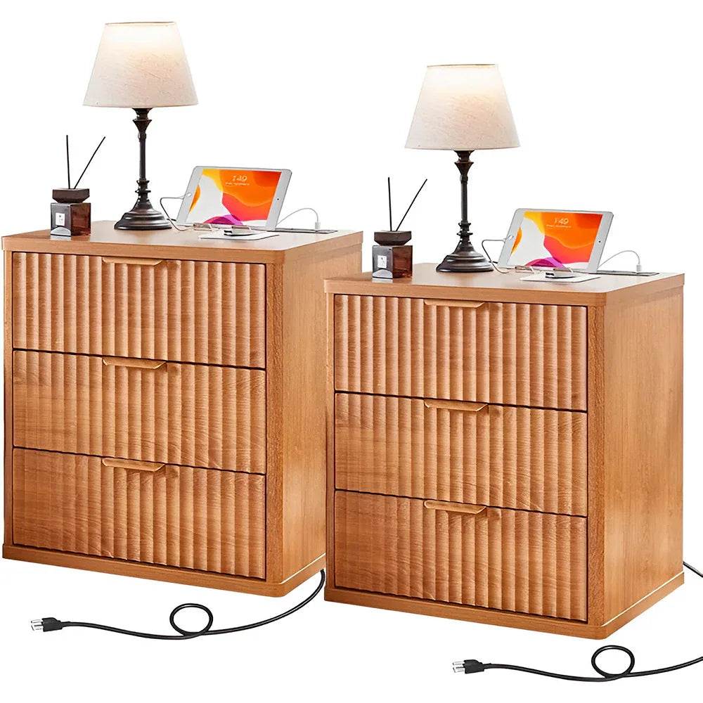 23" Wide Fluted Farmhouse Premium Nightstands with Charging Station, Set of 2 - DSARD